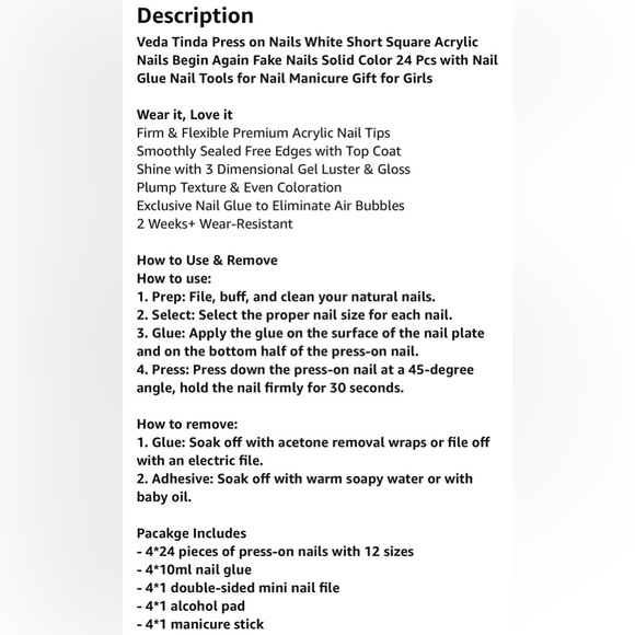 Press on Acrylic Nails White Short Square 24Pcs w/Nail Glue & Tools- Begin Again - Picture 4 of 8